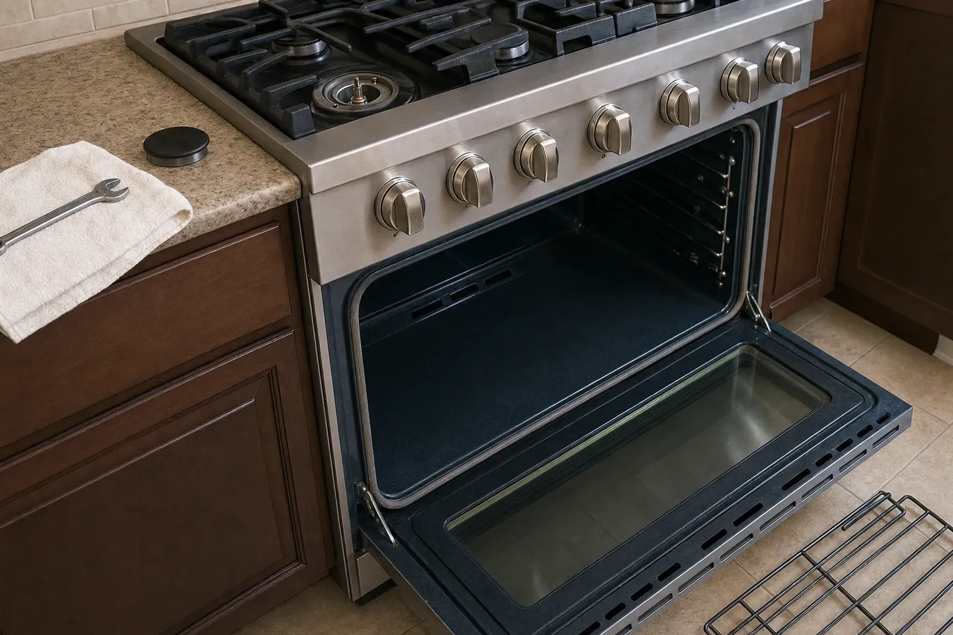 A pro-style stainless gas range with its heavy oven door hanging fully open, glass panel and vent slots facing up, and a rack standing on the floor beside it